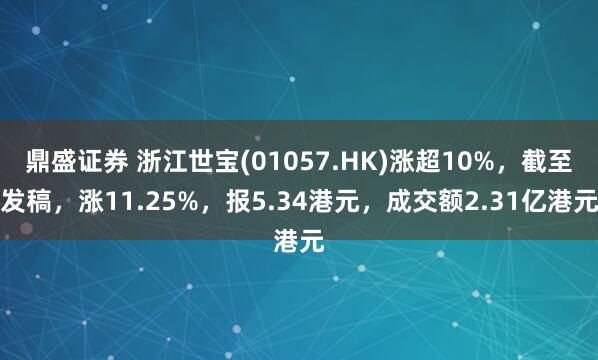 鼎盛证券 浙江世宝(01057.HK)涨超10%，截至发稿，涨11.25%，报5.34港元，成交额2.31亿港元